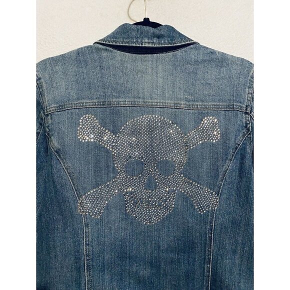 INC International Concepts Jacket Womens Medium Denim Rhinestone Skull Boho - Picture 4 of 6